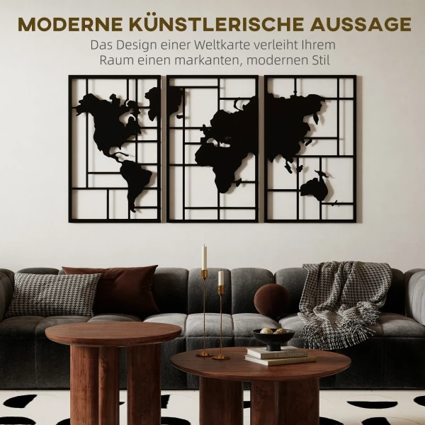 Wanddecoratie Metaal 3 Stukken Wereldkaart Wandkunst Voor Woonkamer Slaapkamer Gang, 50 X 80 Cm, Zwart