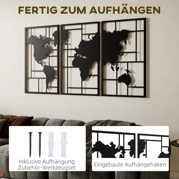 Wanddecoratie Metaal 3 Stukken Wereldkaart Wandkunst Voor Woonkamer Slaapkamer Gang, 50 X 80 Cm, Zwart