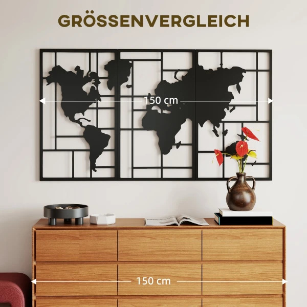 Wanddecoratie Metaal 3 Stukken Wereldkaart Wandkunst Voor Woonkamer Slaapkamer Gang, 50 X 80 Cm, Zwart