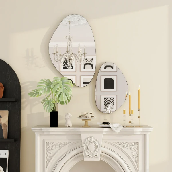 Wandspiegel 2 delige Set 70 X 46 Cm, 49,5 X 31 Cm Vensterspiegel Met Metalen Frame Hangspiegel In Kiezelvorm, Zwart