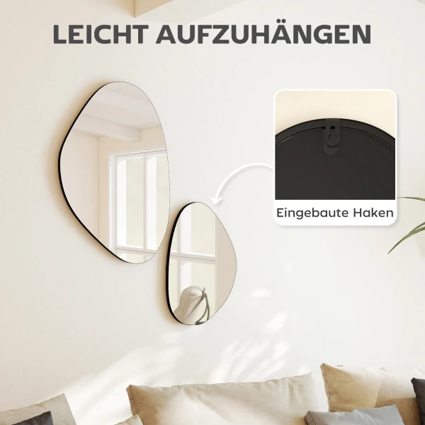 Wandspiegel 2 delige Set 70 X 46 Cm, 49,5 X 31 Cm Vensterspiegel Met Metalen Frame Hangspiegel In Kiezelvorm, Zwart