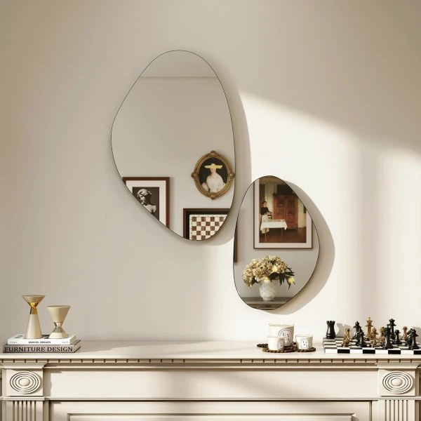 Wandspiegel 2 delige Set 70 X 46 Cm, 49,5 X 31 Cm Vensterspiegel Met Metalen Frame Hangspiegel In Kiezelvorm, Zwart