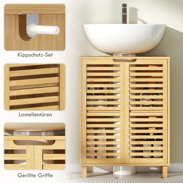 Wastafelonderkast Voor Badkamer, Badkamerkast Met Lamellendeuren, Bamboehout, Verstelbare Planken, Natuur