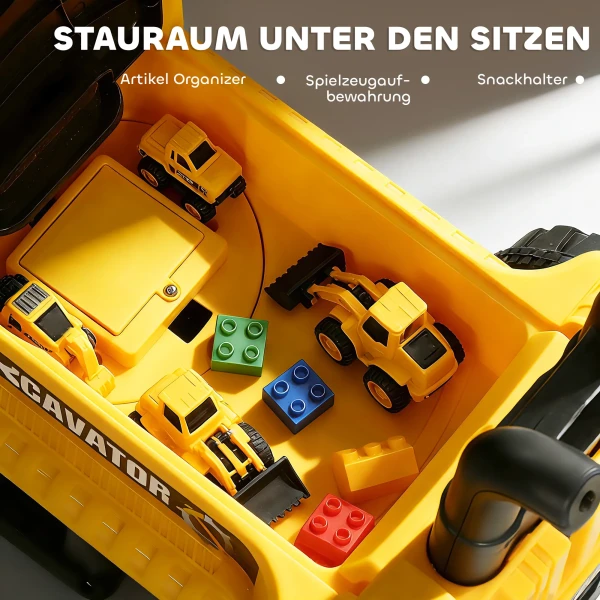 Zitgraafmachine Met Schop, Draaibaar Stuur, Verstelbare Opbouw, Rugleuning Voor Kinderen Van 1,5 3 Jaar Geel