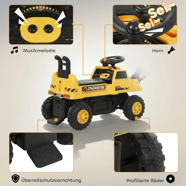 Zitgraafmachine Met Schop, Draaibaar Stuur, Verstelbare Opbouw, Rugleuning Voor Kinderen Van 1,5 3 Jaar Geel