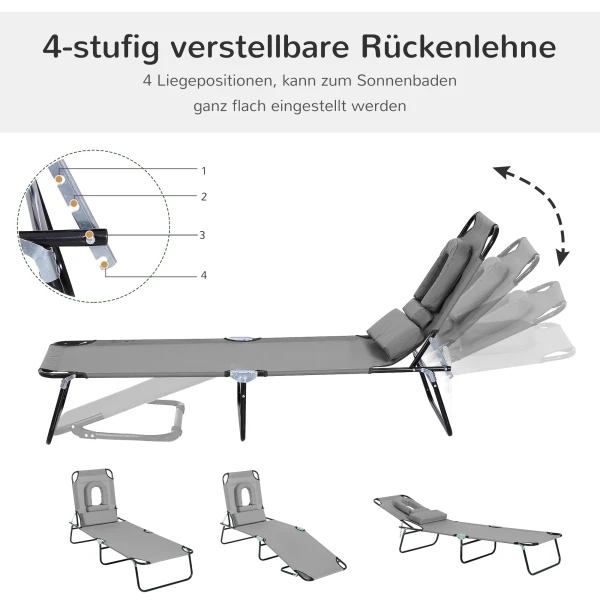 Zonneligstoel Met Gezichtsgat & Kussen, Opvouwbaar, Waterafstotende Hoes, Metalen Frame, Donkergrijs