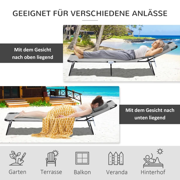 Zonneligstoel Met Gezichtsgat & Kussen, Opvouwbaar, Waterafstotende Hoes, Metalen Frame, Donkergrijs