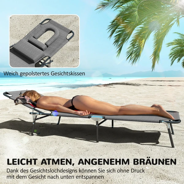 Zonneligstoel Met Gezichtsgat & Kussen, Opvouwbaar, Waterafstotende Hoes, Metalen Frame, Donkergrijs