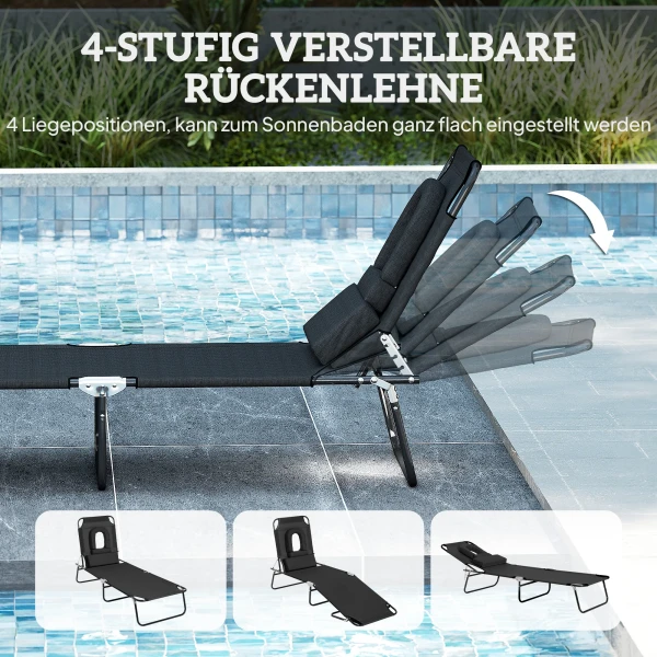 Zonneligstoel Met Gezichtsgat & Kussen, Opvouwbaar, Waterafstotende Hoes, Metalen Frame, Zwart