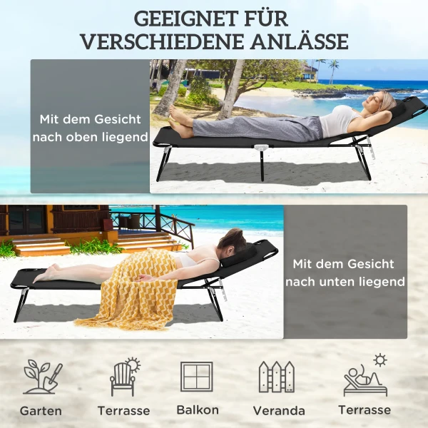 Zonneligstoel Met Gezichtsgat & Kussen, Opvouwbaar, Waterafstotende Hoes, Metalen Frame, Zwart