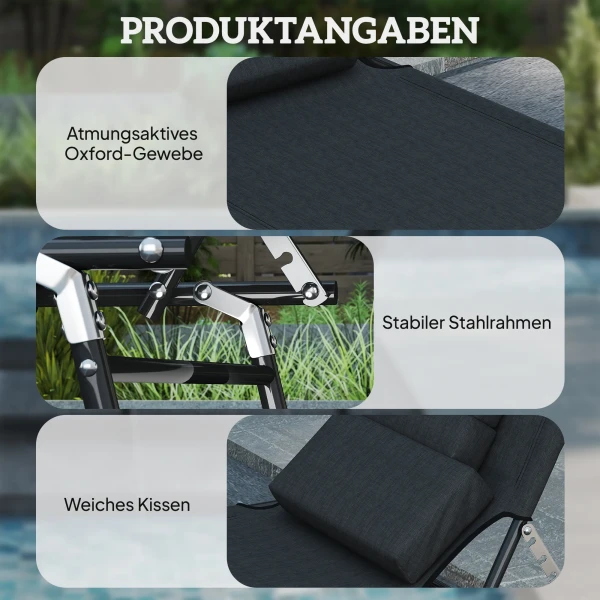 Zonneligstoel Met Gezichtsgat & Kussen, Opvouwbaar, Waterafstotende Hoes, Metalen Frame, Zwart