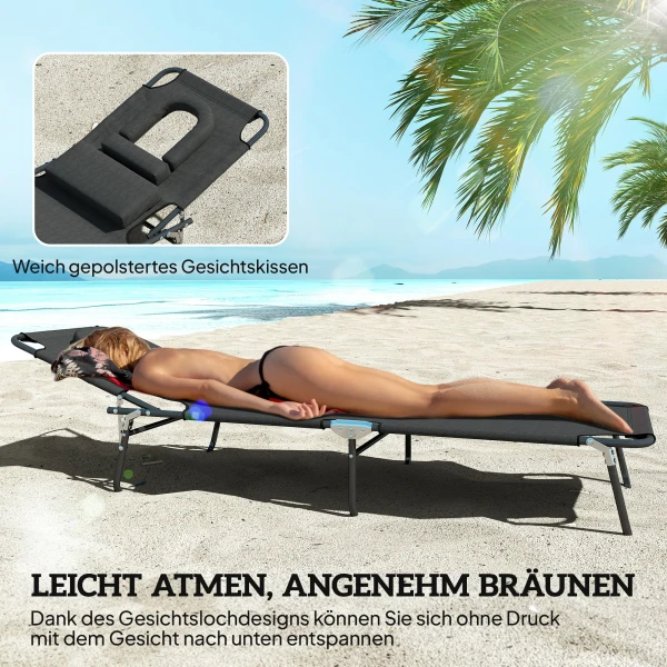 Zonneligstoel Met Gezichtsgat & Kussen, Opvouwbaar, Waterafstotende Hoes, Metalen Frame, Zwart