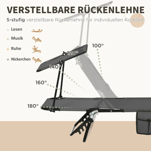 2 delige Set Opvouwbare Zonneligstoel Tuinligstoel Met Zonnedak 5 voudig Verstelbare Rugleuning Donkergrijs