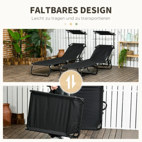 2 delige Set Opvouwbare Zonneligstoel Tuinligstoel Met Zonnedak 5 voudig Verstelbare Rugleuning Zwart