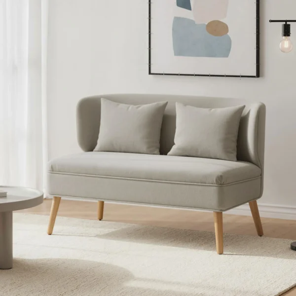 2 zitsbank, Klein Chenille Bank Met Vleugelrug, Dikke Zitting, Rubberboomhouten Poten, Beige