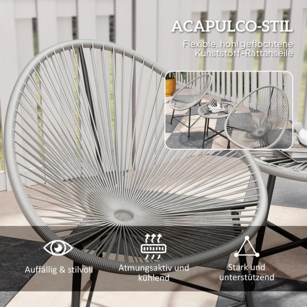 3 delige Tuinmeubelset, 2 Kunststof Rotan Stoelen, 1 Tafel Met Glazen Blad, Stalen Frame, Buitenzitmeubilair, Grijs