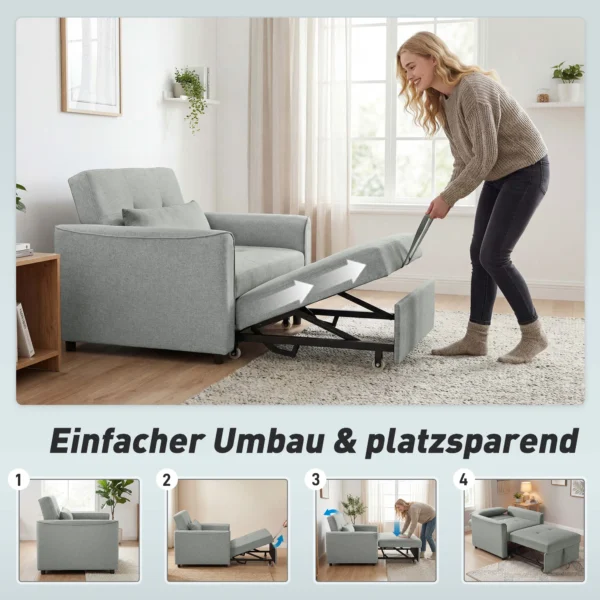 3 in 1 Slaapstoel, Uitschuifbare Sofa Bed Stoel Met Verstelbare Rugleuning, Grijs