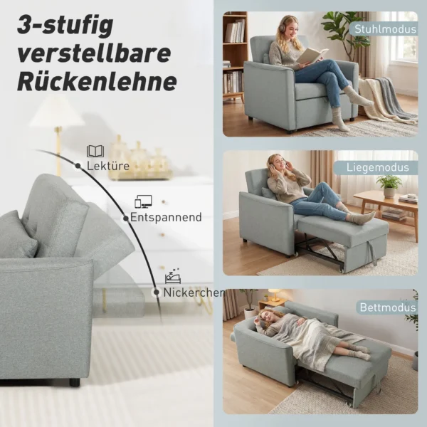 3 in 1 Slaapstoel, Uitschuifbare Sofa Bed Stoel Met Verstelbare Rugleuning, Grijs