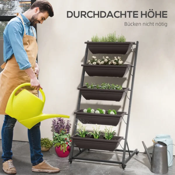 5 laags Plantenstandaard, 145 Cm Hoog Bloemenstandaard Met Wielen Potten, Plantenrek Van Staal Bruin