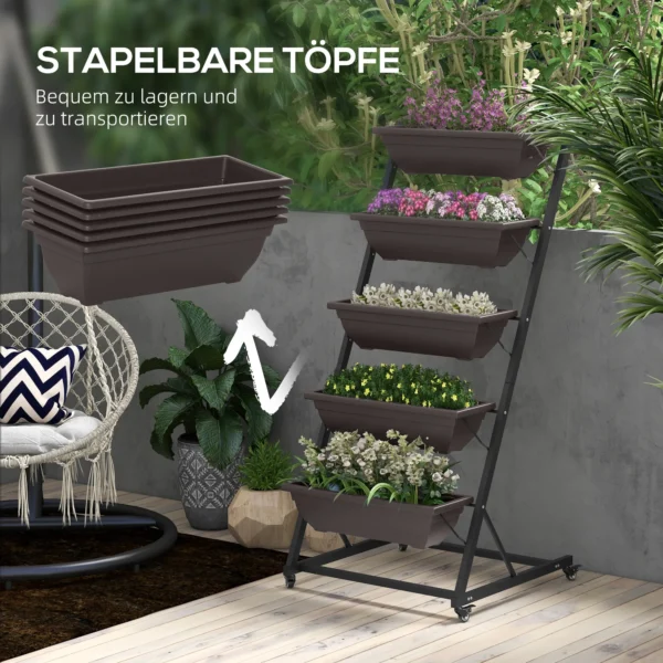 5 laags Plantenstandaard, 145 Cm Hoog Bloemenstandaard Met Wielen Potten, Plantenrek Van Staal Bruin