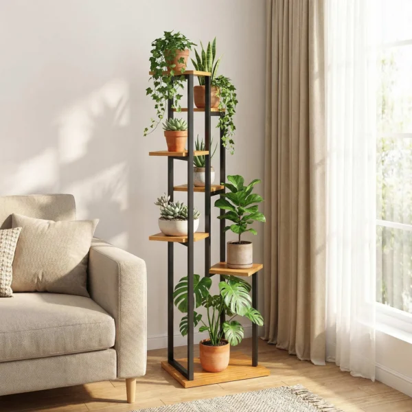7 Laags Plantenstandaard, 130 Cm Hoge Bloemenstandaard, Gestapeld Plantenrek Van Hout, Meerdere Verdiepingen Lichtbruin