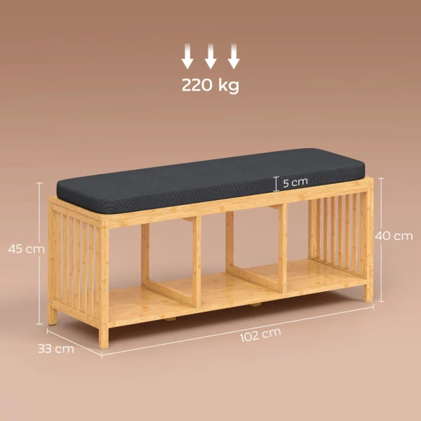 Bamboe Schoenenbank, Gangbank Met Gevoerd Zitkussen En Open Plank, Natuurhout Uiterlijk