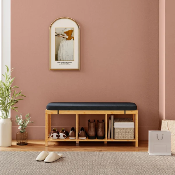 Bamboe Schoenenbank, Gangbank Met Gevoerd Zitkussen En Open Plank, Natuurhout Uiterlijk