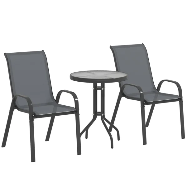 Bistro Set 3 delig Weerbestendig Tuinmeubelset Met Glazen Tafel Stapelbare Tuinstoelen Donkergrijs