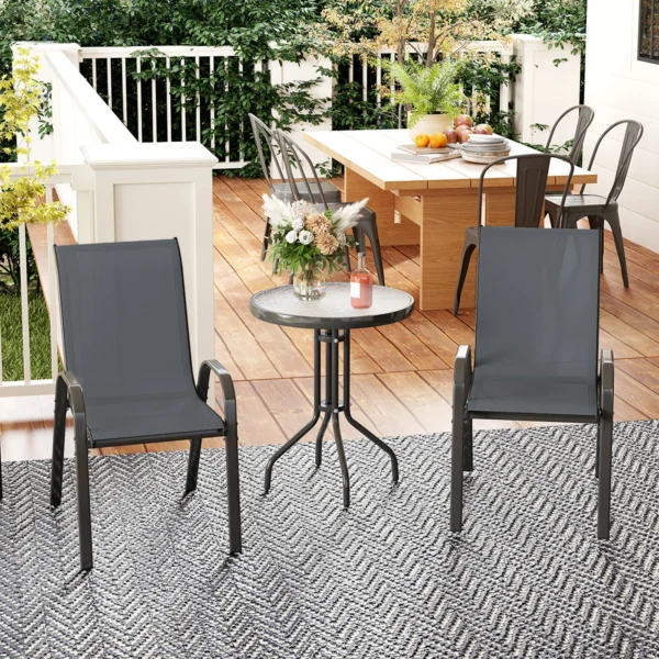 Bistro Set 3 delig Weerbestendig Tuinmeubelset Met Glazen Tafel Stapelbare Tuinstoelen Donkergrijs