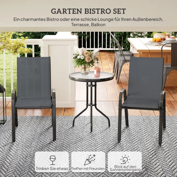 Bistro Set 3 delig Weerbestendig Tuinmeubelset Met Glazen Tafel Stapelbare Tuinstoelen Donkergrijs