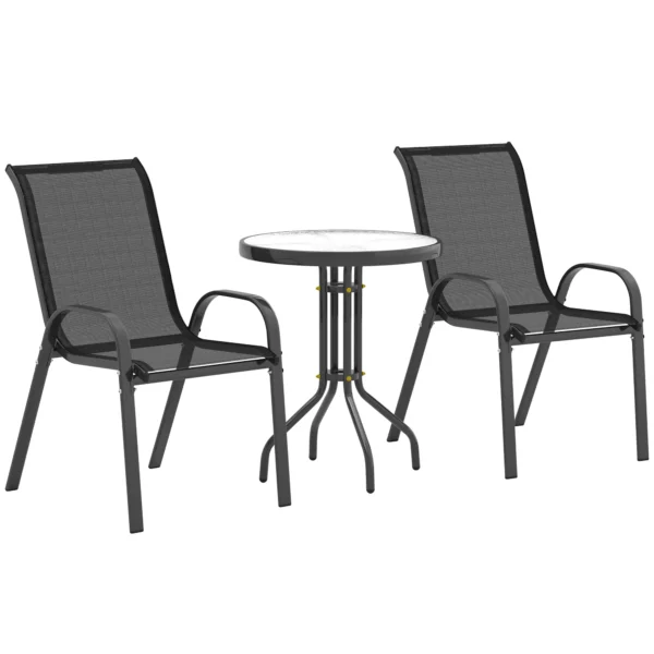 Bistro Set 3 delig Weerbestendig Tuinmeubelset Met Glazen Tafel Stapelbare Tuinstoelen Zwart