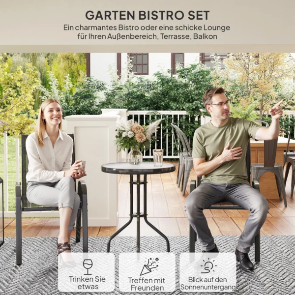 Bistro Set 3 delig Weerbestendig Tuinmeubelset Met Glazen Tafel Stapelbare Tuinstoelen Zwart
