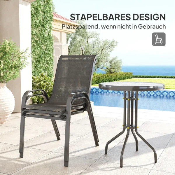 Bistro Set 3 delig Weerbestendig Tuinmeubelset Met Glazen Tafel Stapelbare Tuinstoelen Zwart