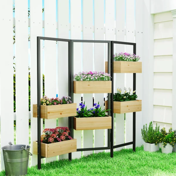 Bloembak Met Zichtbescherming, Verhoogd Bed Met Inklapbaar Latwerk, 6 Plantenbakken Met Afvoergaten, Staal