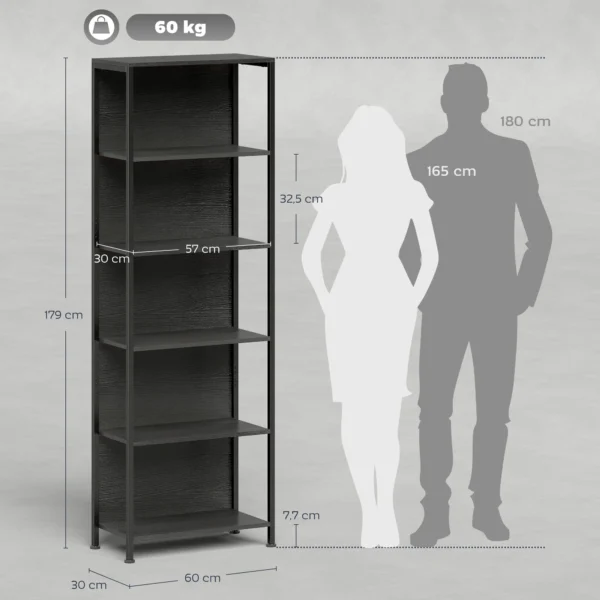 Boekenkast Met 5 Niveaus Staand Rek Met LED verlichting, 7 Lichtkleuren, Voor Woonkamer, 60 X 30 X 179 Cm Zwart