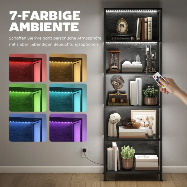 Boekenkast Met 5 Niveaus Staand Rek Met LED verlichting, 7 Lichtkleuren, Voor Woonkamer, 60 X 30 X 179 Cm Zwart