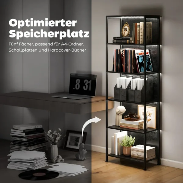 Boekenkast Met 5 Niveaus Staand Rek Met LED verlichting, 7 Lichtkleuren, Voor Woonkamer, 60 X 30 X 179 Cm Zwart