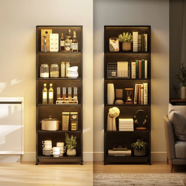 Boekenkast Met 5 Niveaus Staand Rek Met LED verlichting, 7 Lichtkleuren, Voor Woonkamer, 60 X 30 X 179 Cm Zwart