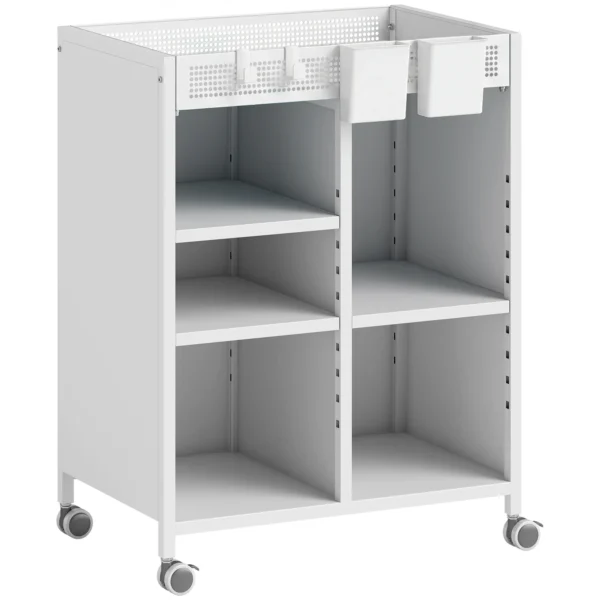Boekenkast Op Wielen, 4 laags, Verstelbare Planken & Hangmanden Voor Thuiskantoor En Woonkamer, Wit