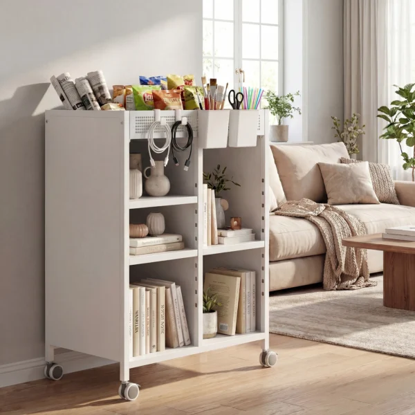 Boekenkast Op Wielen, 4 laags, Verstelbare Planken & Hangmanden Voor Thuiskantoor En Woonkamer, Wit