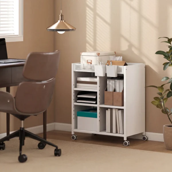 Boekenkast Op Wielen, 4 laags, Verstelbare Planken & Hangmanden Voor Thuiskantoor En Woonkamer, Wit