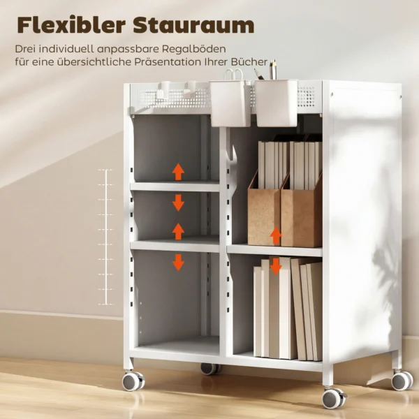 Boekenkast Op Wielen, 4 laags, Verstelbare Planken & Hangmanden Voor Thuiskantoor En Woonkamer, Wit