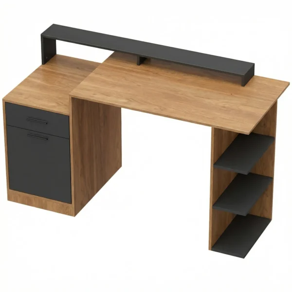 Computertafel Met Opbergruimte En Planken, Moderne Bureau Voor Kantoor En Studeerkamer, 140 Cm, Eik