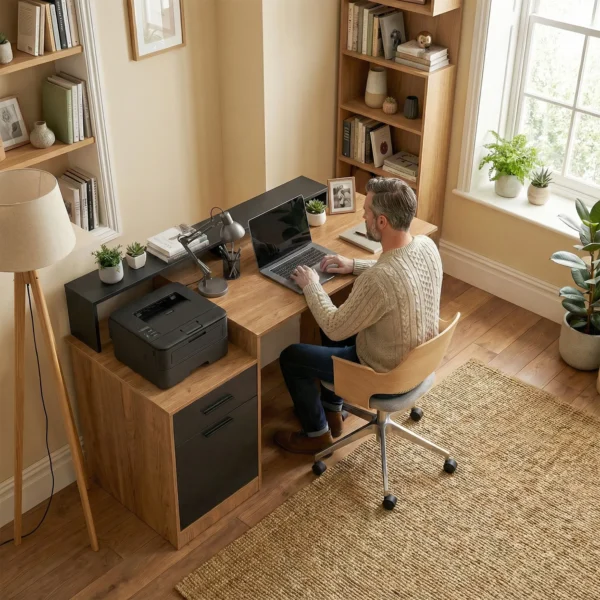 Computertafel Met Opbergruimte En Planken, Moderne Bureau Voor Kantoor En Studeerkamer, 140 Cm, Eik