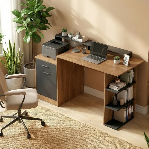 Computertafel Met Opbergruimte En Planken, Moderne Bureau Voor Kantoor En Studeerkamer, 140 Cm, Eik