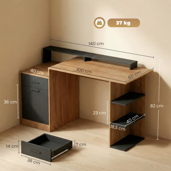 Computertafel Met Opbergruimte En Planken, Moderne Bureau Voor Kantoor En Studeerkamer, 140 Cm, Eik