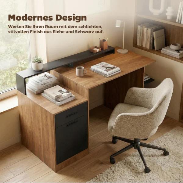 Computertafel Met Opbergruimte En Planken, Moderne Bureau Voor Kantoor En Studeerkamer, 140 Cm, Eik