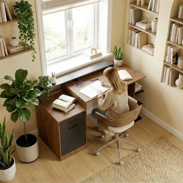 Computertafel Met Opbergruimte En Planken, Moderne Bureau Voor Kantoor En Studeerkamer, 140 Cm, Eik
