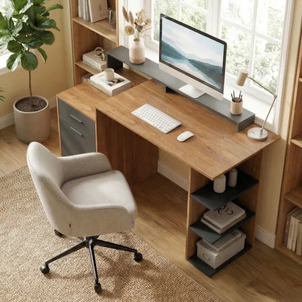Computertafel Met Opbergruimte En Planken, Moderne Bureau Voor Kantoor En Studeerkamer, 140 Cm, Eik