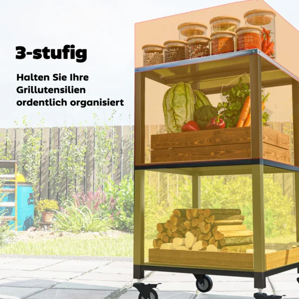 Grillwagen 3 laags Grilltafel Met Roestvrijstalen Werkblad Rollen Mobiele Serveerwagen 50 X 50 X 90 Cm Zwart